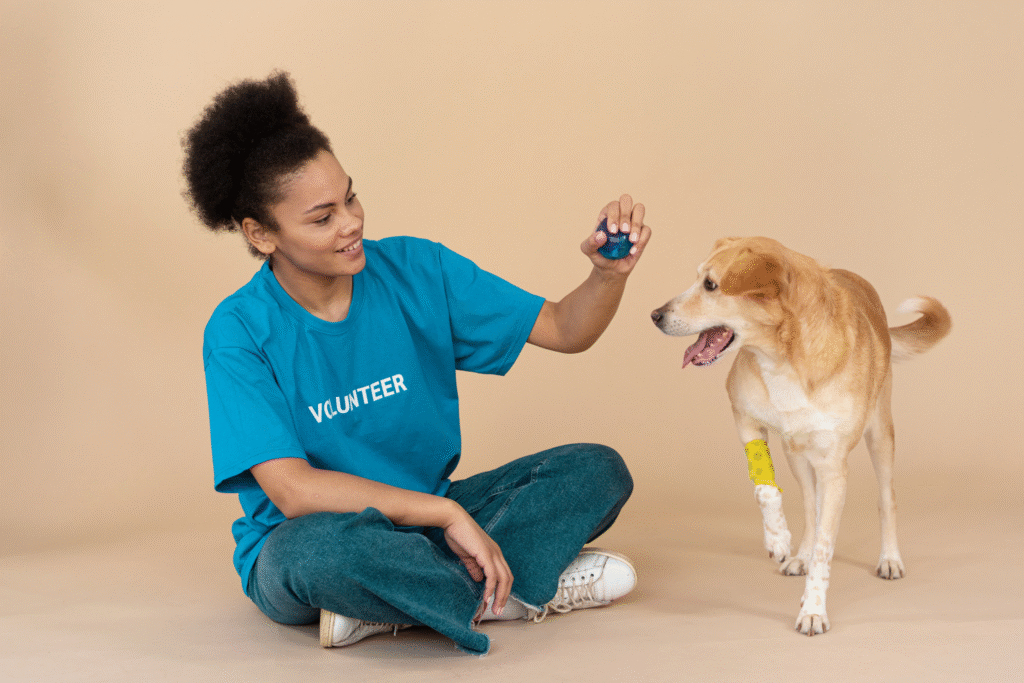 Volunteer playing with a rescue dog, symbolizing nonprofit efficiency and community impact with ERP software.