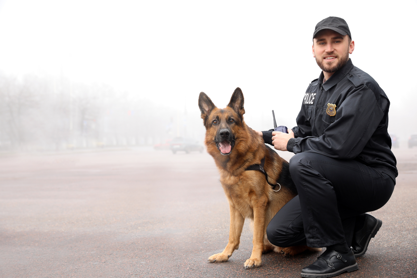 Police officer kneeling on the ground with his German Shephard dog sitting beside him. Sparkrock 365 is a public safety ERP software designed to optimize operations for nonprofit public safety organizations.