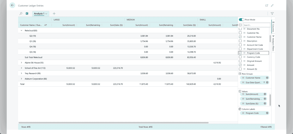A photo of Analysis mode within Sparkrock's ERP.