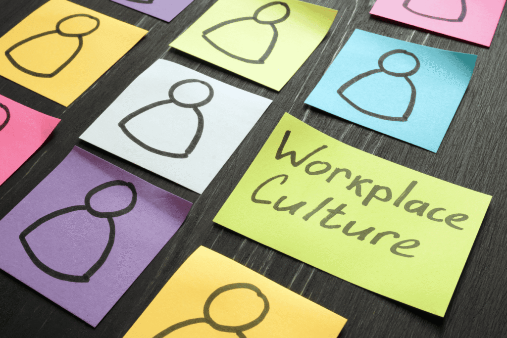 Sticky notes with simple human icons and one labeled "Workplace Culture," symbolizing team values and systems.