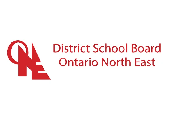 District School Board Ontario North East logo. The logo features the red initials "D S B O N E" arranged in a stylized, overlapping design to the left, with the words "District School Board Ontario North East" in red text to the right.