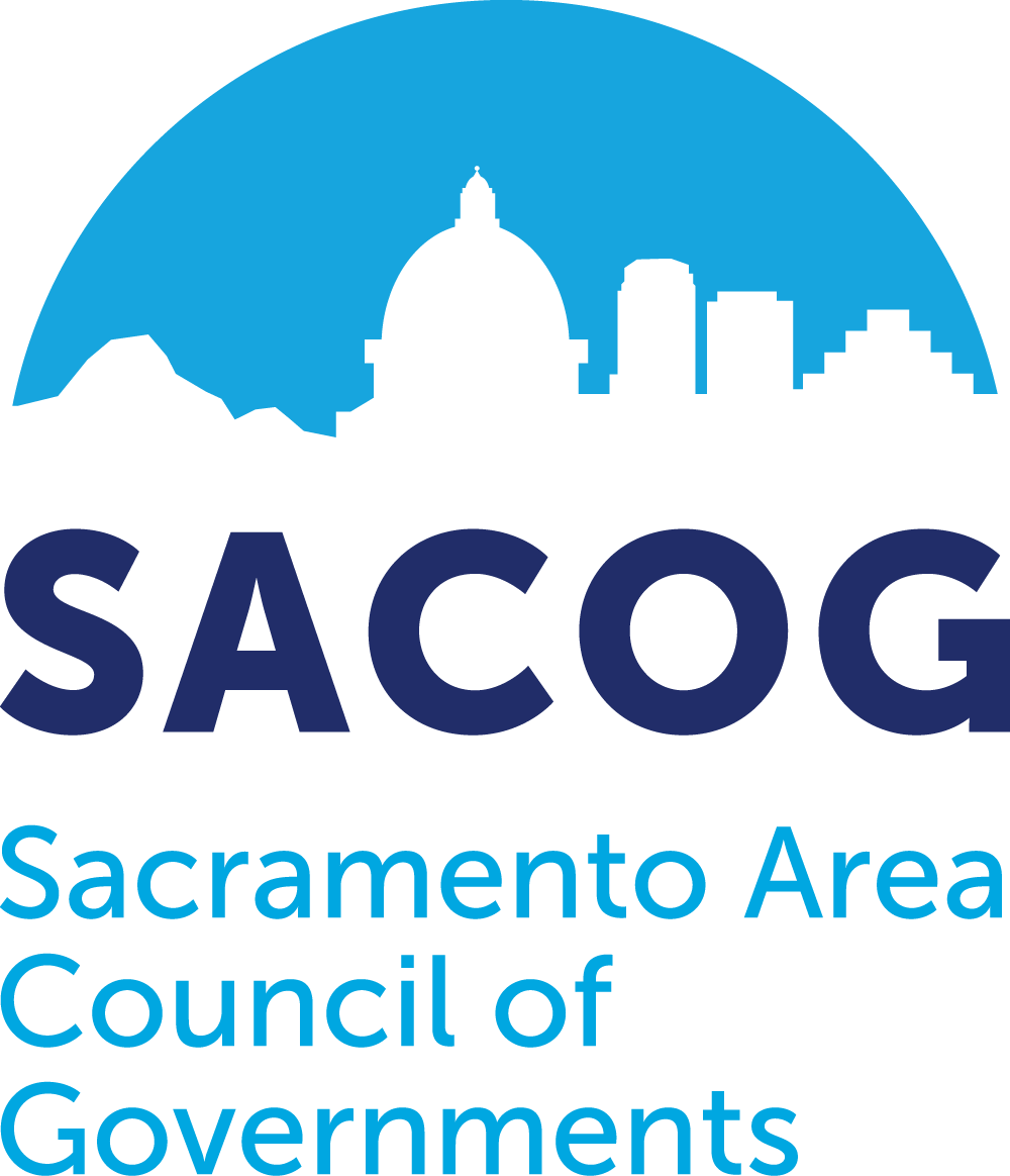Logo of SACOG featuring a blue semicircle skyline with the acronym SACOG in bold navy letters and the full name “Sacramento Area Council of Governments” in light blue below.