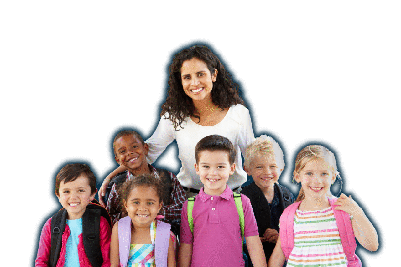 A smiling teacher stands behind a diverse group of six young elementary school students wearing backpacks, representing a supportive and inclusive classroom environment.