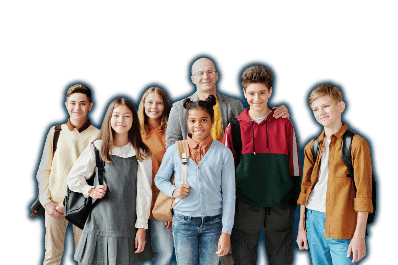 A group of diverse middle school students standing with their smiling teacher, representing a supportive K–12 school environment enabled by Sparkrock's education-focused ERP platform.