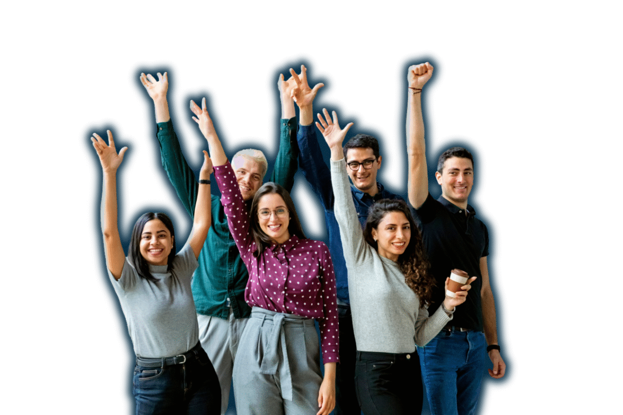 A diverse group of smiling professionals with raised arms, celebrating together. Ideal visual for showcasing empowered HR and payroll teams in nonprofit organizations.