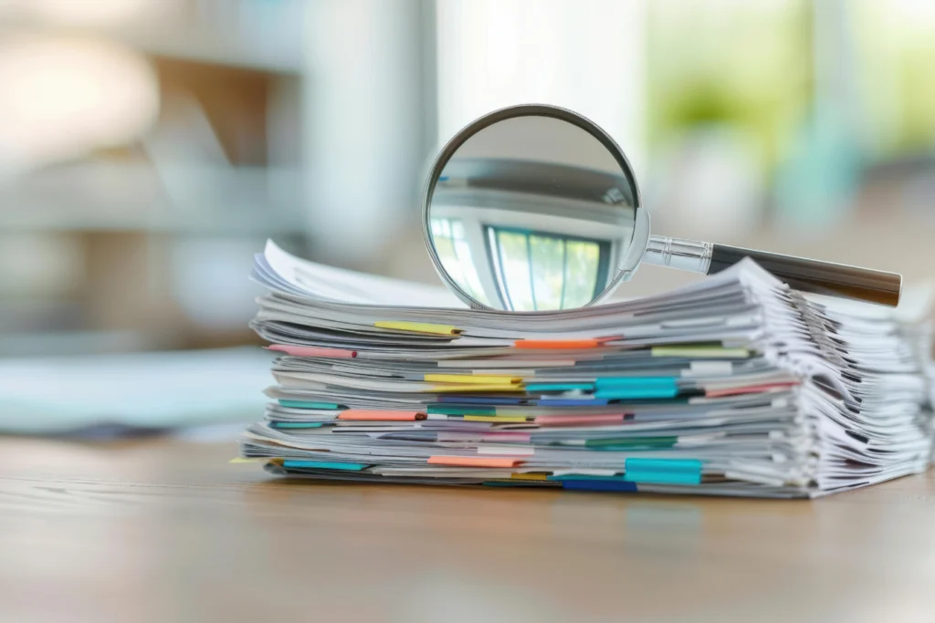 Magnifying glass on a stack of organized financial documents, symbolizing nonprofit audit review and accountability