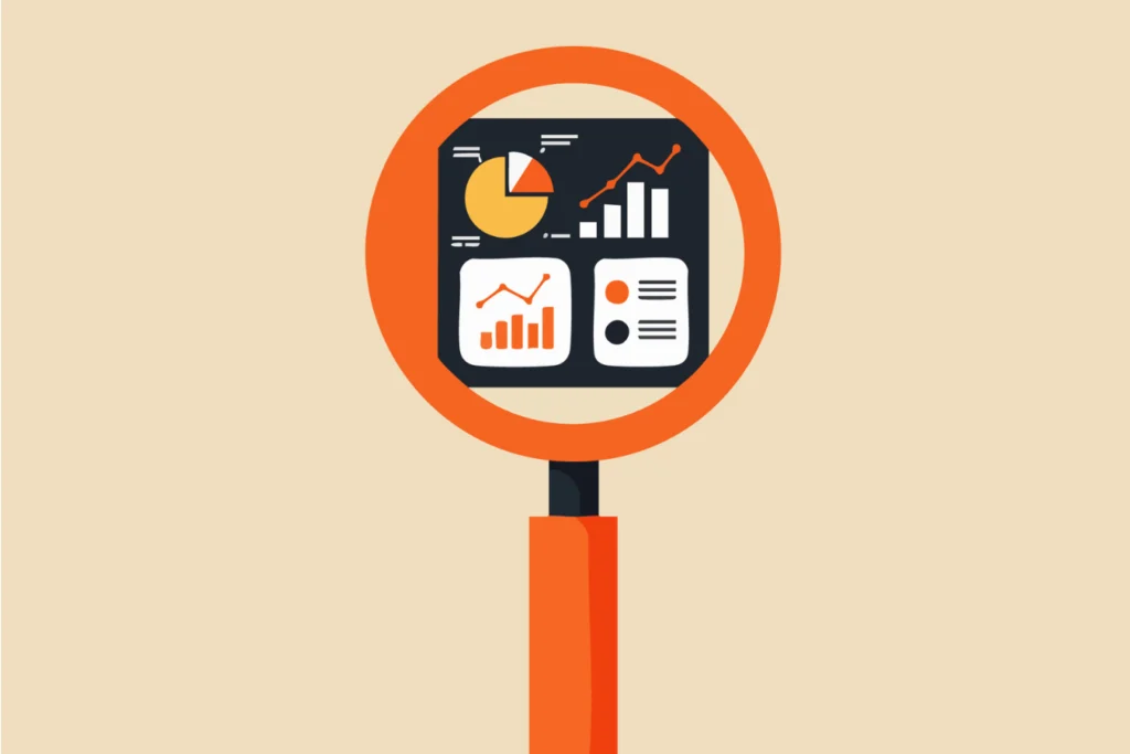 Magnifying glass over charts and graphs, representing analysis of nonprofit financial reporting and data habits