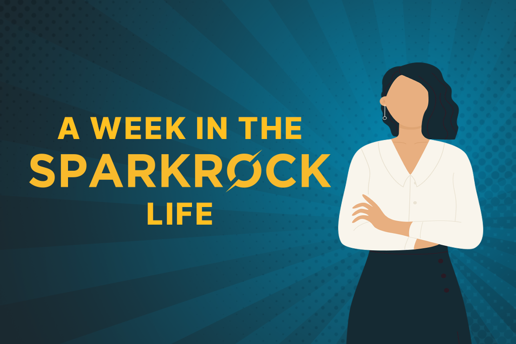 Cover page for ‘A Week in the Sparkrock Life,’ featuring an illustrated woman on a blue patterned background with the text ‘Featuring Amara Kaur, Director of Finance, ABC Social Services.
