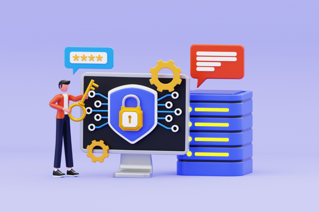 Illustration of secure online system with lock, server, and user managing access, representing cybersecurity in school payment systems