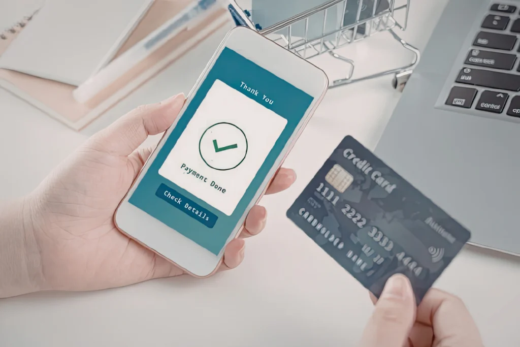 Parent completing an online school payment on a smartphone with a credit card, showing a successful digital transaction