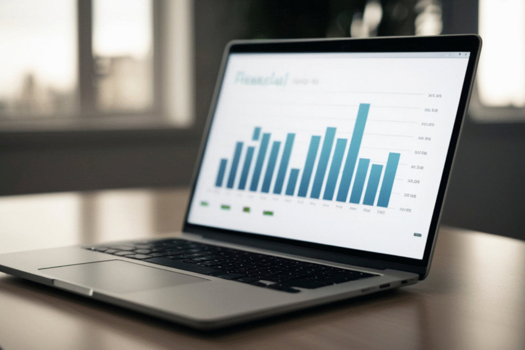 Laptop screen showing a financial bar chart dashboard, representing real-time visibility into nonprofit budget data
