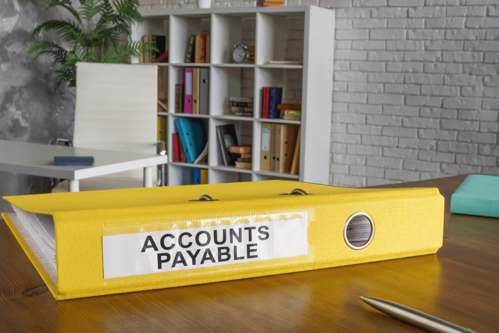 Yellow accounts payable binder on a desk, representing manual invoice tracking processes at nonprofits