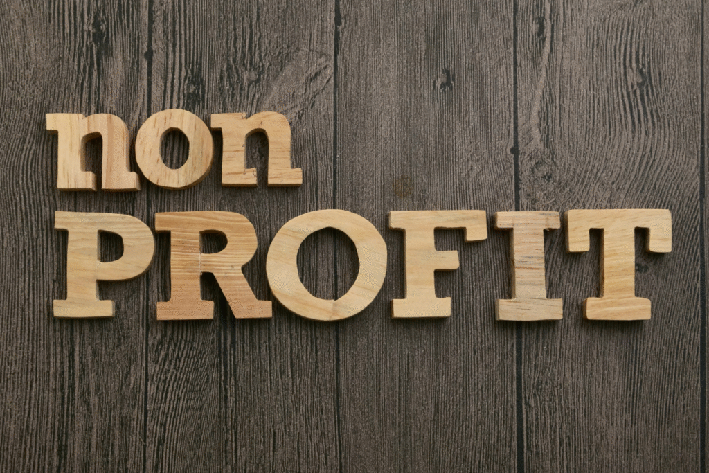 Wooden letters spelling "non profit" on a dark wood background, representing the distinct accounting and financial management needs of nonprofit organizations