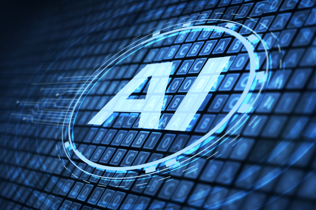Glowing AI letters surrounded by data and circuitry on a blue digital background, representing artificial intelligence capabilities in nonprofit finance software