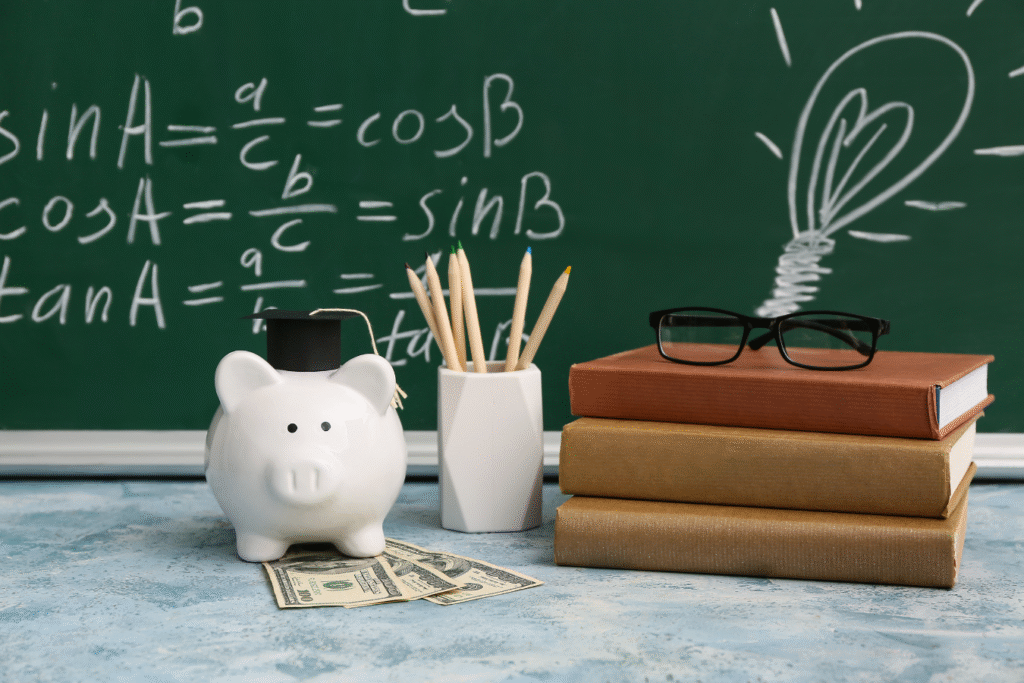 Piggy bank in a graduation cap beside a stack of books, glasses, and cash on a desk, representing school finance and succession planning.